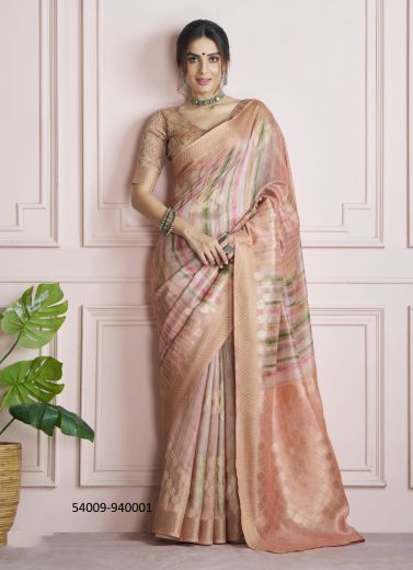 Peach & Pink Silk Digitally Printed Handloom Saree For Kitty-Parties