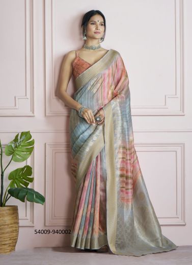 Light Blue & Pink Silk Digitally Printed Handloom Saree For Kitty-Parties