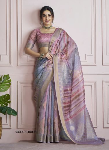 Steel Blue & Lilac Silk Digitally Printed Handloom Saree For Kitty-Parties