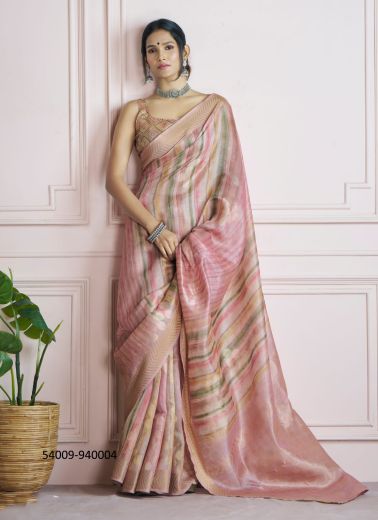 Pink & Peach Silk Digitally Printed Handloom Saree For Kitty-Parties