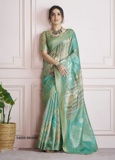 Aqua & Sage Green Silk Digitally Printed Handloom Saree For Kitty-Parties