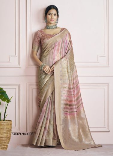 Beige & Pink Silk Digitally Printed Handloom Saree For Kitty-Parties