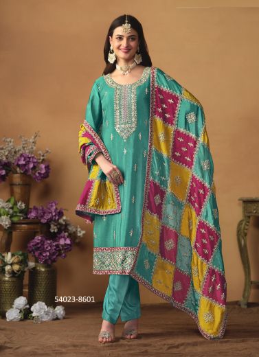 Aqua Chinon Silk Embroidered Pant-Bottom Readymade Salwar Kameez For Traditional / Religious Occasions [With Multicolored Dupatta]