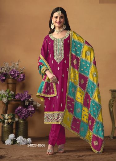 Magenta Chinon Silk Embroidered Pant-Bottom Readymade Salwar Kameez For Traditional / Religious Occasions [With Multicolored Dupatta]