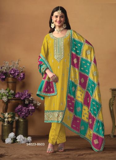 Yellow Chinon Silk Embroidered Pant-Bottom Readymade Salwar Kameez For Traditional / Religious Occasions [With Multicolored Dupatta]