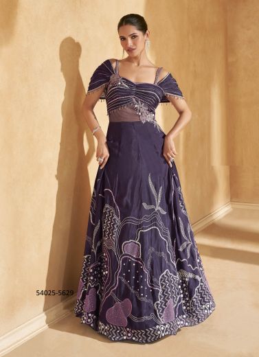 Violet Chinon Silk Handworked Wedding-Wear Readymade Indo-Western Outfit