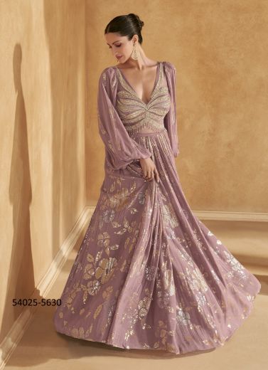 Mauve Chinon Silk Handworked Wedding-Wear Readymade Indo-Western Outfit