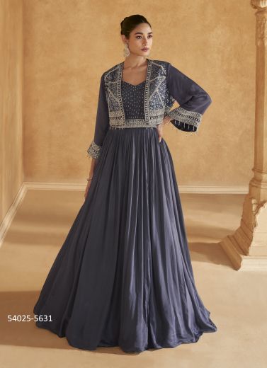 Navy Blue Chinon Silk Handworked Wedding-Wear Readymade Indo-Western Outfit [With Jacket]