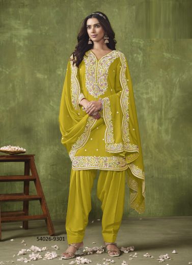 Lime Yellow Chanderi Roman Silk Thread-Work Readymade Punjabi Salwar Suit For Traditional / Religious Occasions