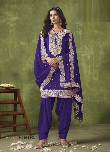 Violet Chanderi Roman Silk Thread-Work Readymade Punjabi Salwar Suit For Traditional / Religious Occasions