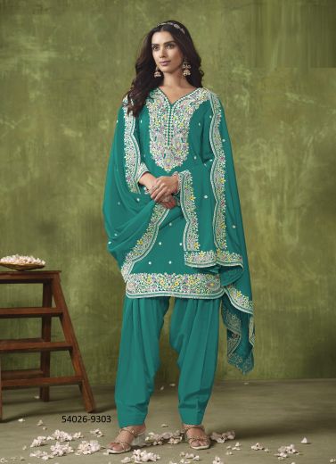 Teal Blue Chanderi Roman Silk Thread-Work Readymade Punjabi Salwar Suit For Traditional / Religious Occasions