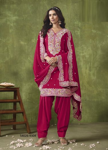 Dark Pink Chanderi Roman Silk Thread-Work Readymade Punjabi Salwar Suit For Traditional / Religious Occasions