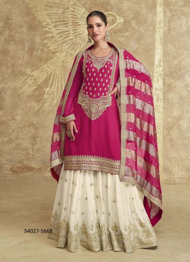 Magenta & White Chinon Silk Embroidered Wedding-Wear Sharara-Bottom Readymade Salwar Kameez