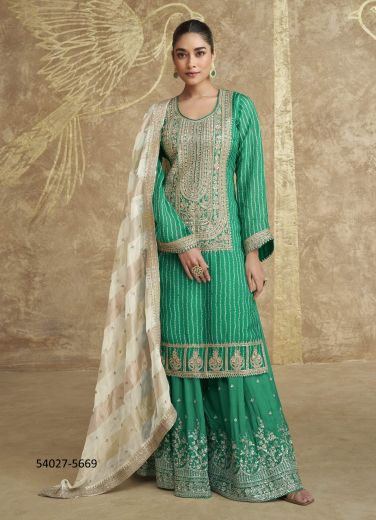 Sea Green & White Chinon Silk Embroidered Wedding-Wear Sharara-Bottom Readymade Salwar Kameez