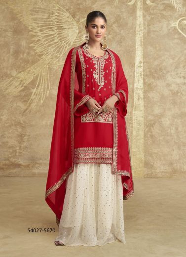 Red & White Chinon Silk Embroidered Wedding-Wear Sharara-Bottom Readymade Salwar Kameez