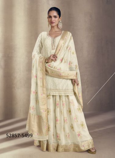 Bone White Georgette Embroidered Party-Wear Sharara-Bottom Readymade Salwar Kameez