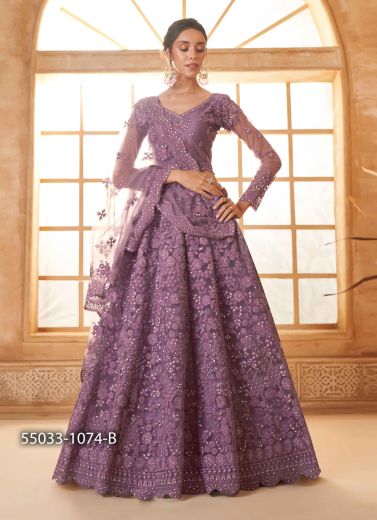 Dull Purple Net Handworked Wedding-Wear Bridal Lehenga Choli