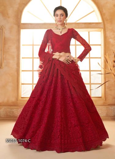 Crimson Red Net Handworked Wedding-Wear Bridal Lehenga Choli