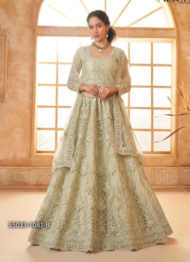 Light Green Net Handworked Wedding-Wear Bridal Lehenga Choli