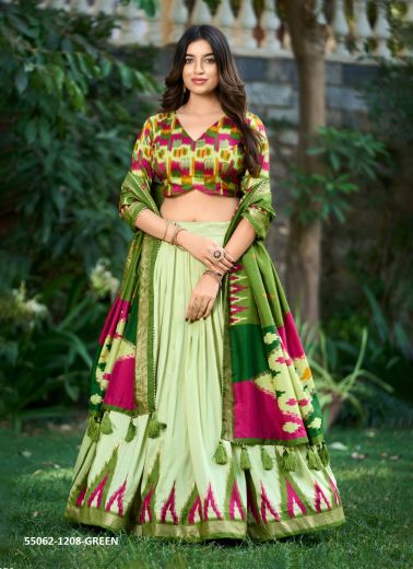 Light Green & Magenta Tussar Silk Digitally Printed Party-Wear Traditional Readymade Lehenga Choli