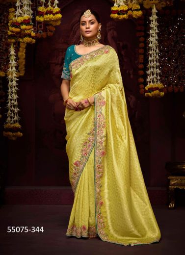 Yellow Banarasi Kanjivaram Handworked Wedding-Wear Silk Embroidery Saree