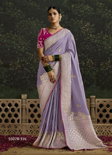 Lavender Dola Silk Embroidered Wedding-Wear Saree