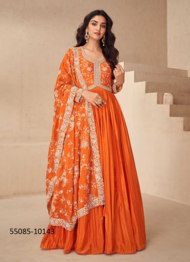 Dark Orange Chinon Silk Embroidered Wedding-Wear Readymade Gown With Dupatta