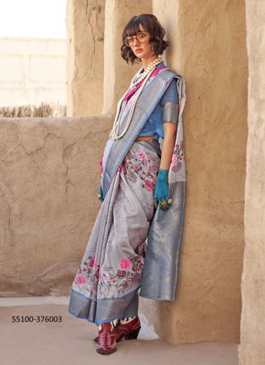 Gray & Sky Blue Georgette Digitally Printed Kitty-Party Wear Handloom Saree