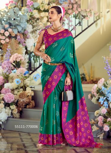 Teal Green & Magenta Woven Soft Silk Festive-Wear Saree