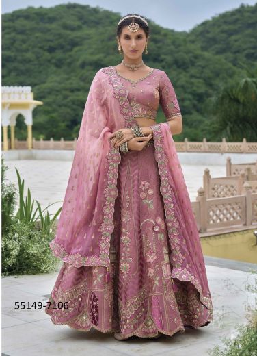 Mauve & Pink Silk Handworked Wedding-Wear Bridal Lehenga Choli