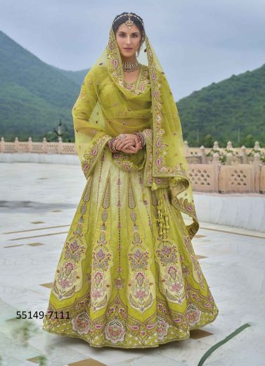 Olive Green Silk Handworked Wedding-Wear Bridal Lehenga Choli