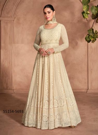 Bone White Georgette Chikankari-Work Party-Wear Readymade Gown With Dupatta