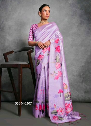 Lavender & Pink Tussar Silk Floral Digitally Printed Saree For Kitty-Parties