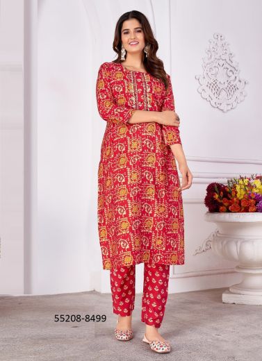 Crimson Red Rayon Silk Foil-Printed Festive-Wear Readymade Kurti With Pant