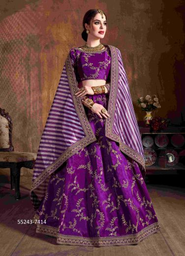 Purple Mulberry Silk Embroidered Wedding-Wear Reception Lehenga Choli