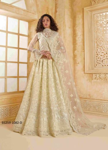 Bone White Net Handworked Wedding-Wear Gliterring Lehenga Choli