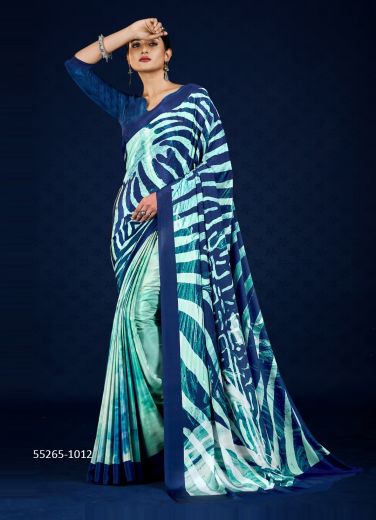 Navy Blue & Aqua Crape Floral Digitally Printed Saree For Kitty-Parties