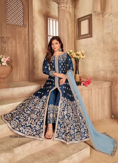 Navy Blue Art Silk Embroidered Party-Wear Front-Slit Readymade Salwar Kameez