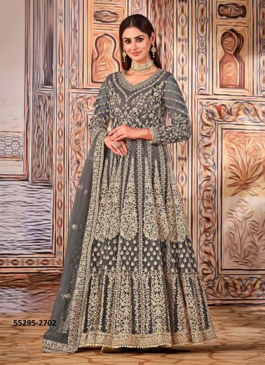 Gray Net Thread-Work Floor-Length Readymade Salwar Kameez For Traditional / Religious Occasions