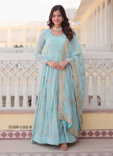 Light Blue Georgette Sequins-Work Party-Wear Readymade Gown With Dupatta