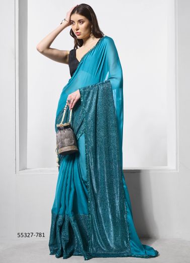 Sky Blue Chiffon Sequins-Work Evening-Wear Bollywood Saree