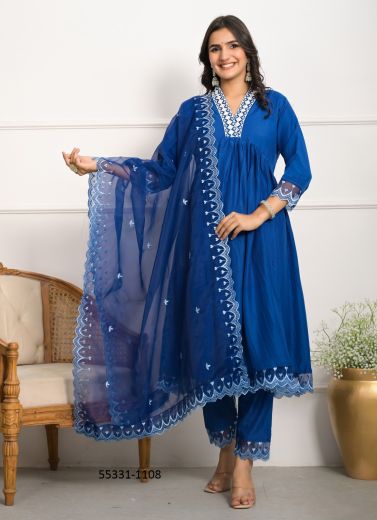 Royal Blue Silk Embroidered Festive-Wear Pant-Bottom Readymade Salwar Kameez