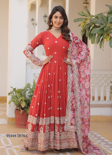 Coral Red Georgette Digitally Printed Readymade Gown With Dupatta For Kitty-Parties