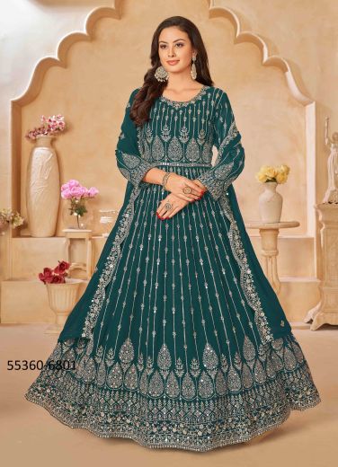 Teal Green Faux Georgette Embroidered Festive-Wear Readymade Floor-Length Salwar Kameez