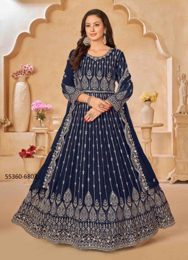 Navy Blue Faux Georgette Embroidered Festive-Wear Readymade Floor-Length Salwar Kameez