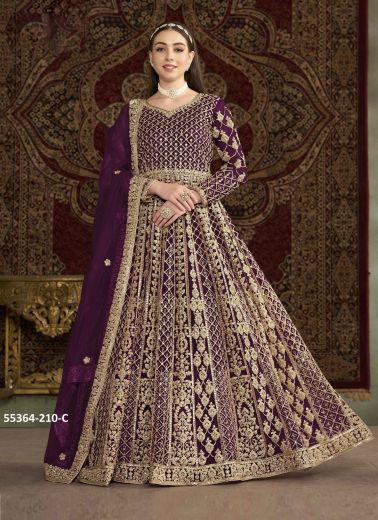 Purple Net Embroidered Festive-Wear Readymade Floor-Length Salwar Kameez