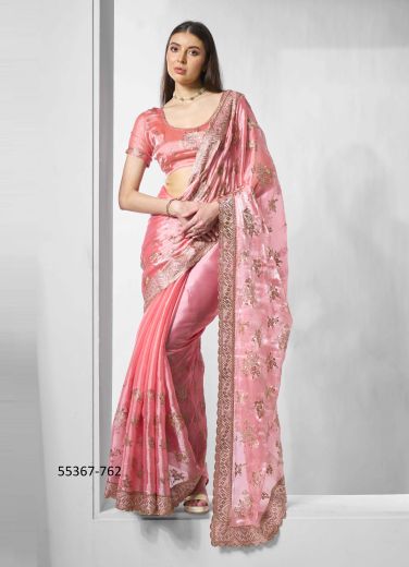 Pink Burberry Silk Embroidered Party-Wear Bollywood Saree