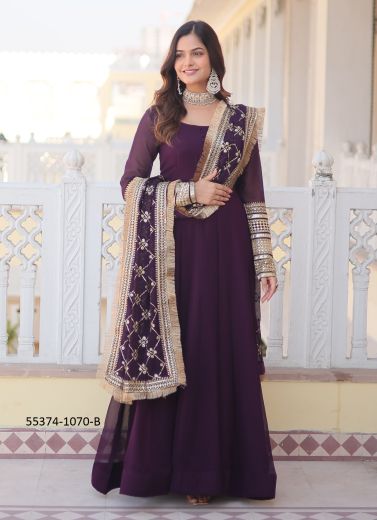 Dark Violet Georgette Sequins-Work Party-Wear Readymade Gown With Dupatta