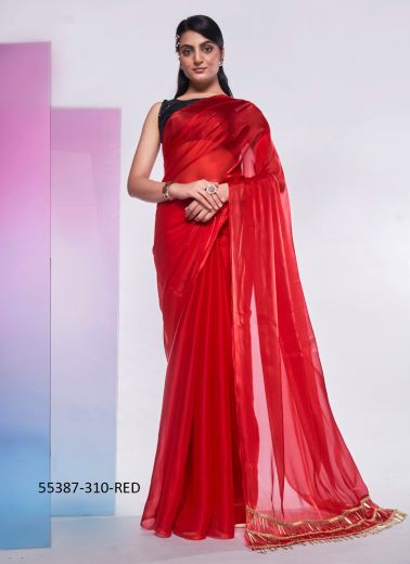 Red Jimmy Choo Sequins-Work Bollywood Saree For Kitty-Parties