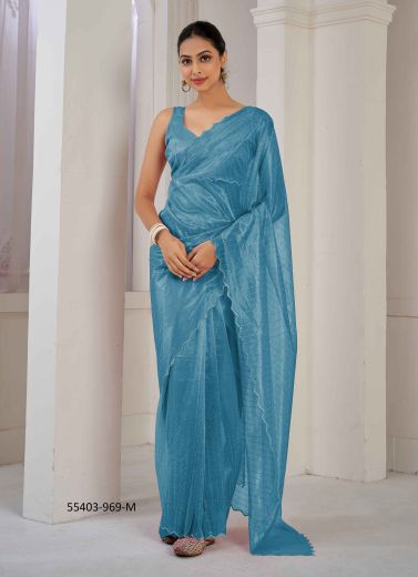 Sea Blue Net Organza Swarovski Work Party-Wear Beautiful Saree